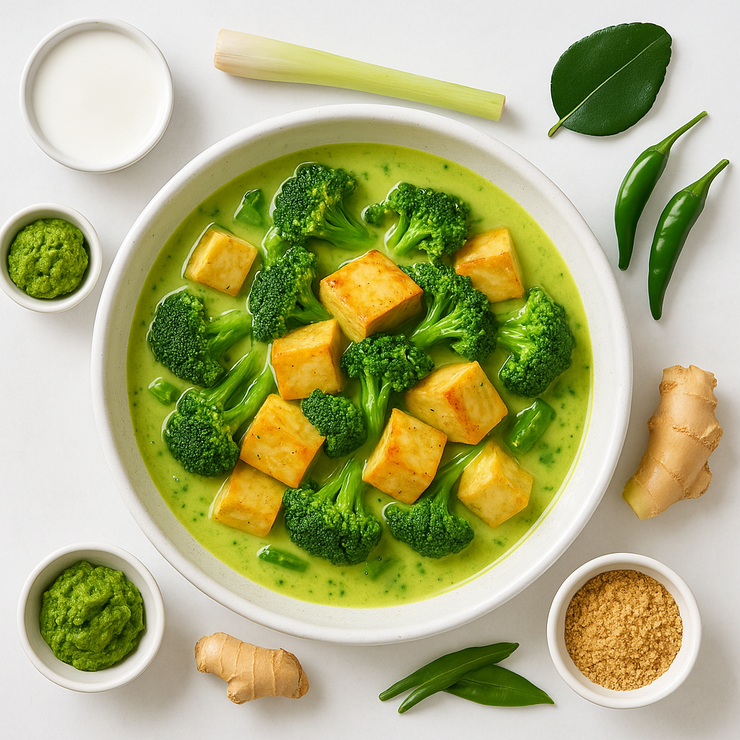 Green Curried Tofu with Broccoli and Lime Leaves